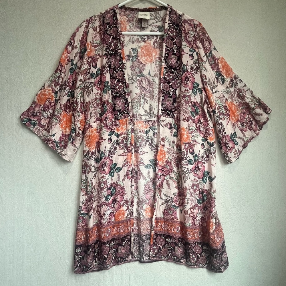 Knox Rose Floral Boho Open Long Kimono Sz Small Duster Cover Up